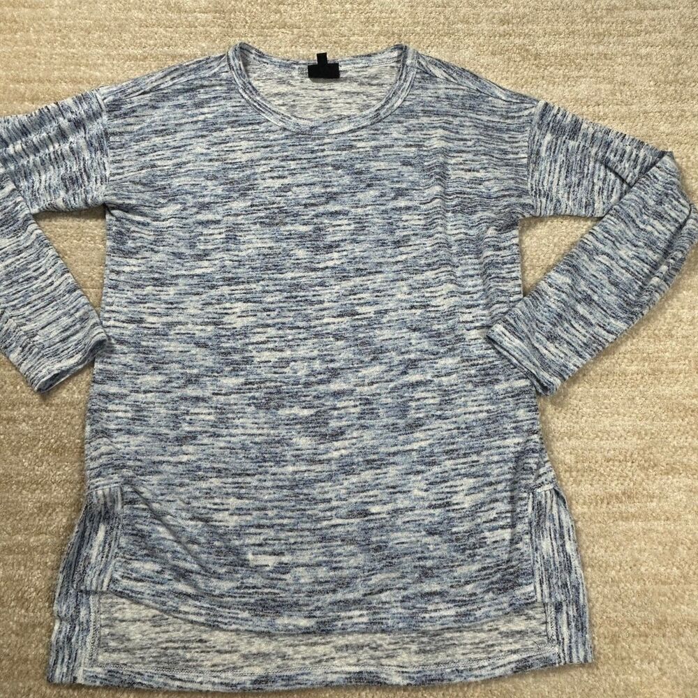 Bobeau Sweater Womens S Blue White Marled Long Sleeve Tunic Knit Top Side Slit